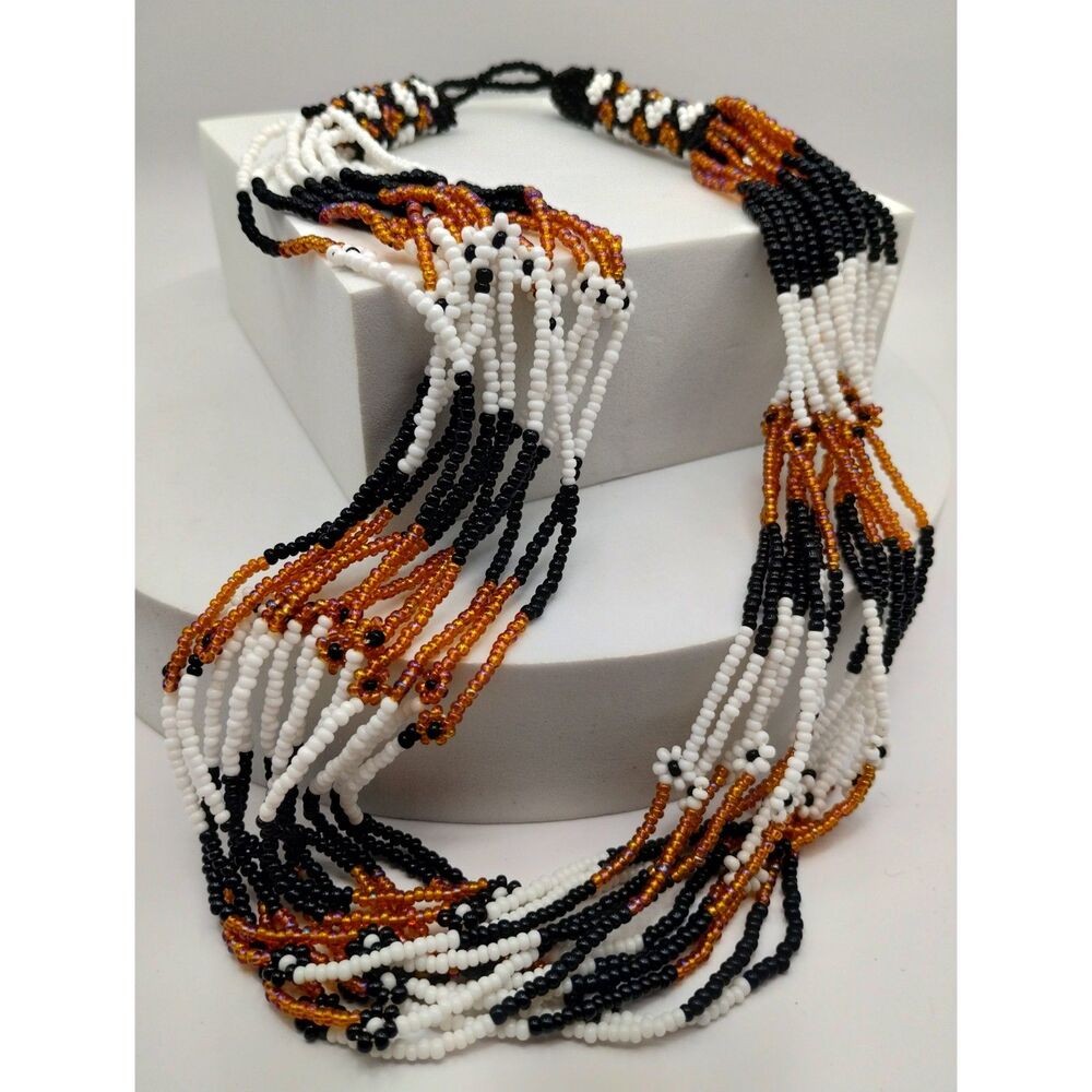 Vintage Handmade Copper, White, Black Seed Bead Multistrand Boho Style Necklace